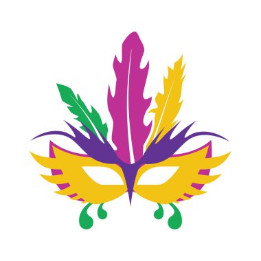 Tüylü bir karnaval maskesi. Mardi Gras karnavalının stil ve renklerinde maskeli balo. Tasarım ve web için beyaz bir arkaplanda izole edilmiş vektör illüstrasyonu.
