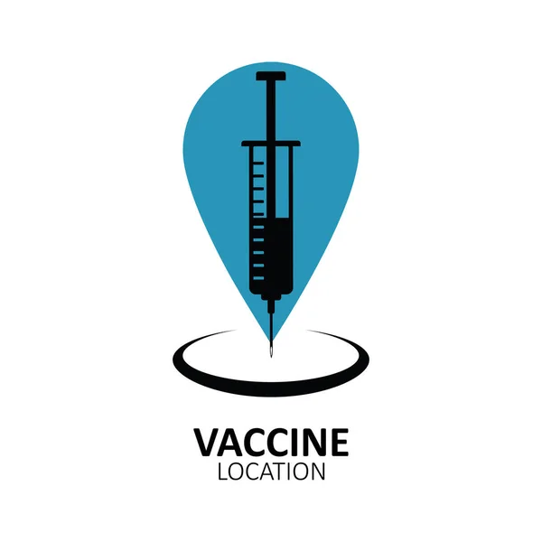 ワクチンの場所のアイコン 予防接種サイトの場所のアイコン 注射器のある場所の標識 デザインとウェブのための白い背景に隔離されたベクトルイラスト — ストックベクタ