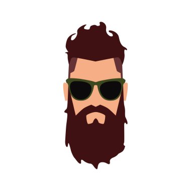 Hipster ikonu. Yeşil çerçeveli güneş gözlüğü takan kızıl saçlı ve sakallı vahşi bir adamın kafası. Tasarım ve web için beyaz bir arkaplanda izole edilmiş vektör illüstrasyonu.
