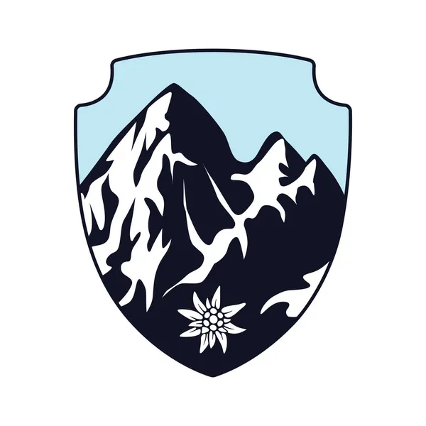 Ícone Dos Alpes Montanhas Cobertas Neve Inscritas Forma Escudo Com — Vetor de Stock