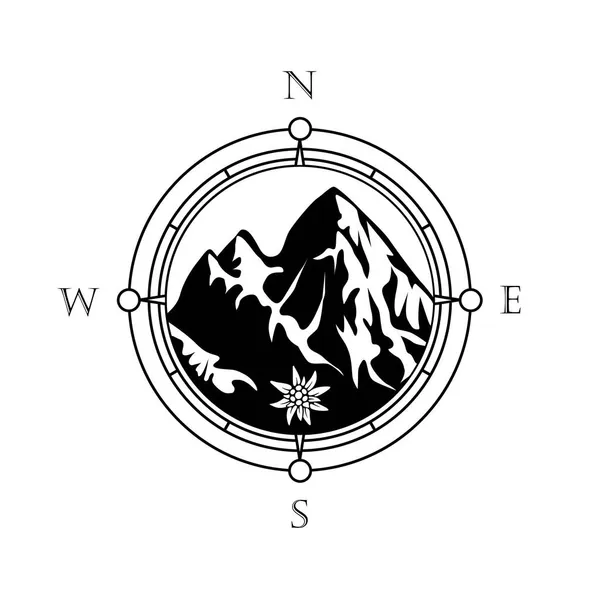 Alpler Ikonu Rüzgâr Gülleri Çemberinde Kar Kaplı Dağlar Edelweiss Çiçeği — Stok Vektör