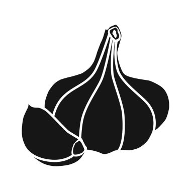 Sarımsak ikonu. Kafasının silueti ve sarımsak sapı. Yemeklerde çeşni olarak kullanılan lezzetli ve sağlıklı bir sebze. Tasarım ve web için beyaz bir arkaplanda izole edilmiş vektör illüstrasyonu.