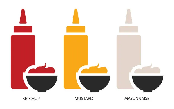 Conjunto Iconos Salsas Tres Tipos Principales Salsa Ketchup Mayonesa Mostaza — Vector de stock