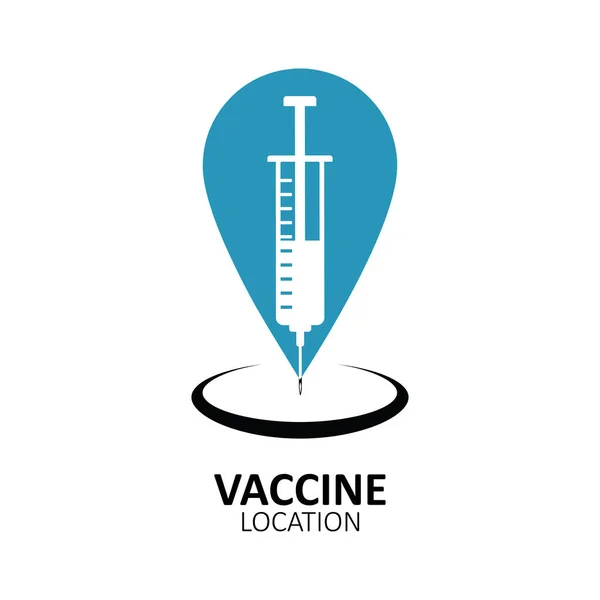 ワクチンの場所のアイコン 予防接種サイトの場所のアイコン 注射器のある場所の標識 デザインとウェブのための白い背景に隔離されたベクトルイラスト — ストックベクタ