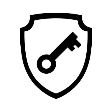 A shield with a key. The black outline of the shield with the key placed inside the silcet. A symbol of security and data storage. Vector illustration isolated on a white background for design and web.