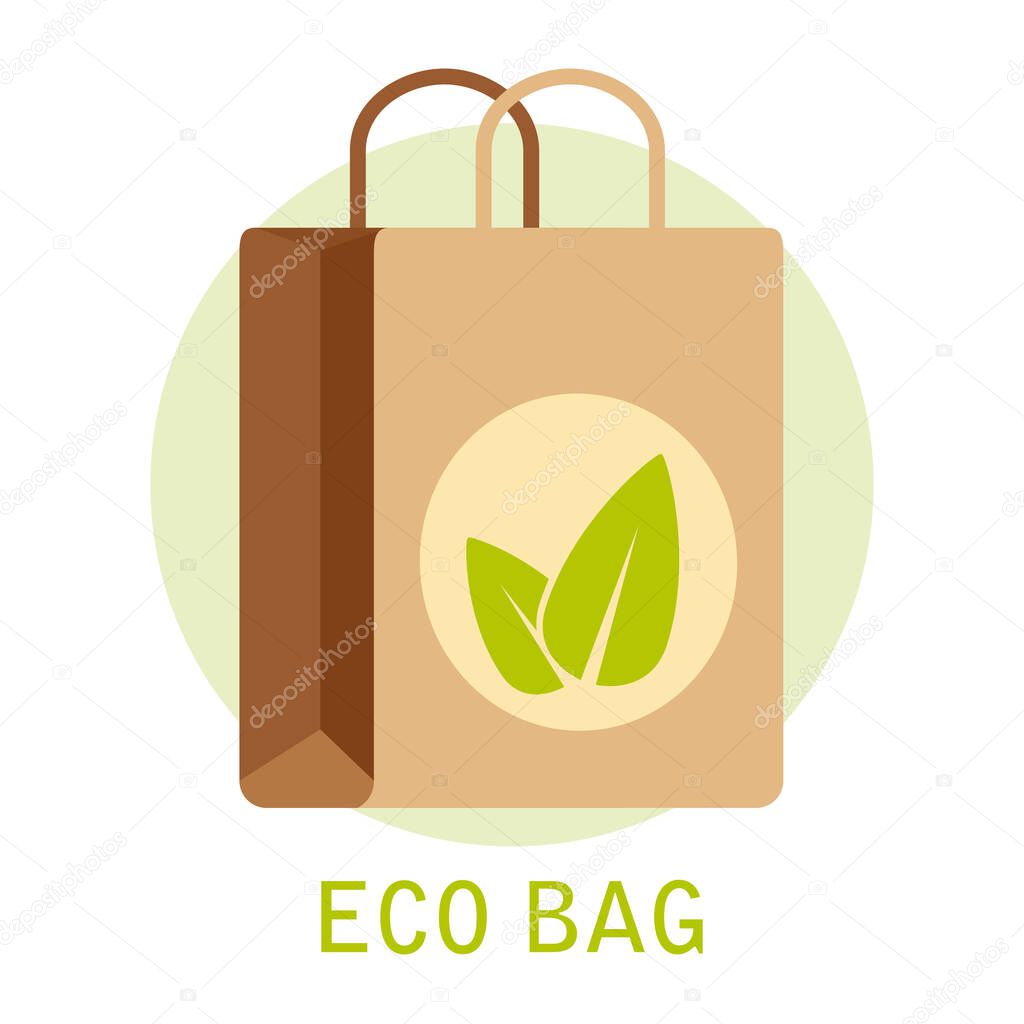 Eco-friendly bag. Paper craft bag for shopping. The concept of environmental protection of nature. Vector illustration isolated for design and web.