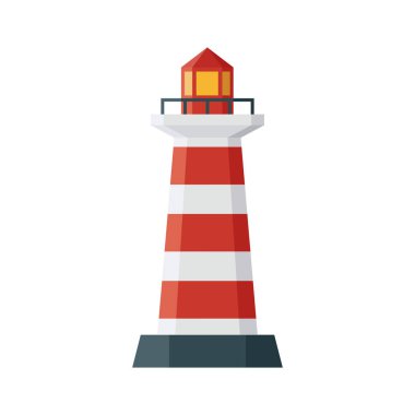 Deniz feneri. Tehlikeli kıyılara yakın gemiler için tasarlanmış kırmızı ve beyaz çizgili bir kule. Tasarım ve web için beyaz bir arkaplanda izole edilmiş vektör illüstrasyonu.