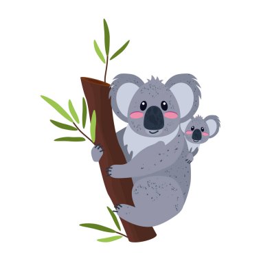 Okaliptüs ağacında bebeği olan bir Koala. Anne ve bebek. Koala, Avustralya 'da bulunan bir keseli türdür. Tasarım ve web için beyaz bir arkaplanda izole edilmiş vektör illüstrasyonu.