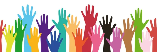 Разноцветные Руки Открытыми Ладонями Поднятыми Вверх Концепция Против Расизма Концепция — стоковый вектор