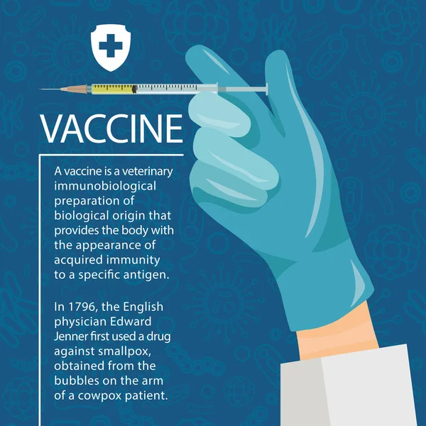 Información Sobre Vacuna Una Mano Enguantada Con Una Jeringa Texto — Archivo Imágenes Vectoriales
