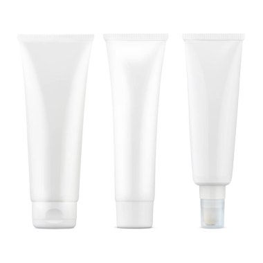 Beyaz plastik bir tüp ve kozmetik. Kozmetik tüpü. Çeşitli kremler ve jeller için temiz ve ekonomik ambalaj. Resim beyaz bir arkaplanda izole edilmiştir.