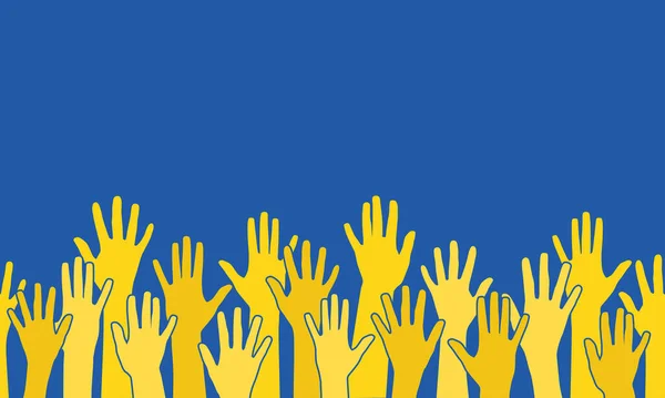 乌克兰统一的概念 该图像为乌克兰国旗的颜色 黄色的手 有张开的手掌 蓝色背景 矢量插画 横向无缝 — 图库矢量图片