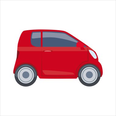 Mini araba. Bir hatchback 'in arkasında kırmızı bir mikro araba. Çizgi filmlerdeki gibi basit bir araba. Tasarım ve web için beyaz arkaplanda izole edilmiş vektör illüstrasyonu. 