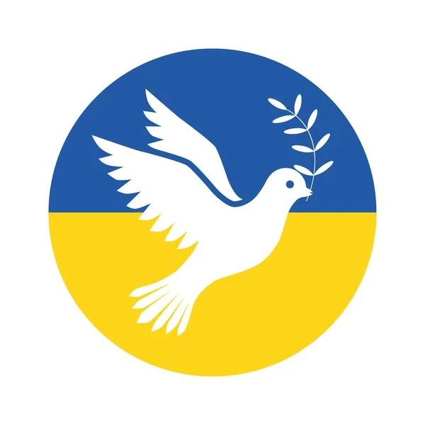 ウクライナの旗の色で円の背景に世界の白い鳥 平和の概念 くちばしに小枝で鳩 デザインとウェブのための白い背景に隔離されたベクトルイラスト — ストックベクタ