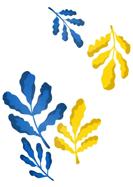 Ręcznie Rysowana Ilustracja Żółto Niebieskich Kolorach Liście Ukraińskim Stylu Świetne — Zdjęcie stockowe