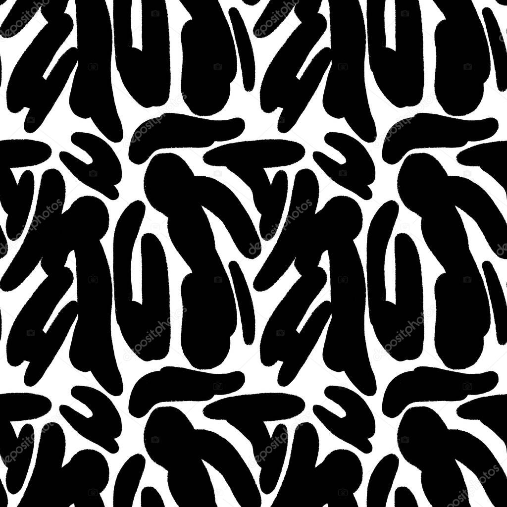 Psychedelic pattern in black. Pattern in retro style. Psychedelic repeating pattern, black and white printable background. Print for textiles, printing, clothing, packaging, decor and wallpaper. 