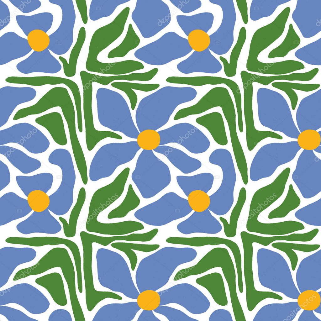 Floral pattern. Blue floral pattern. Illustration with little flowers. Print with flowers and leaves for textiles, printing, clothing, packaging, decor and wallpaper. Pastel and gentle colors