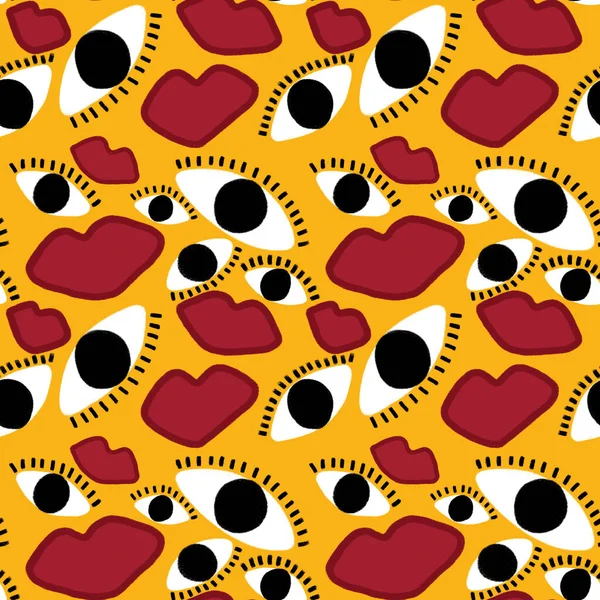 Hand drawn seamless pattern with eyes and lips. Funny retro eyes and lips seamless pattern. Fashion template with eyes and lips for textiles, printing, clothing, packaging, decor and wallpaper.