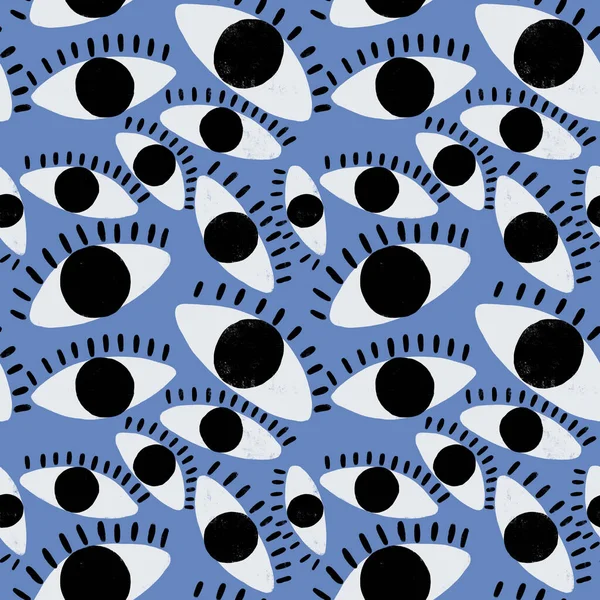 Elle çizilmiş, gözlerle kusursuz desen. Komik geçmişe dönük, pürüzsüz gözler. Tekstil, baskı, giysi, ambalaj, dekor ve duvar kağıdı için gözlere sahip moda şablonu. 