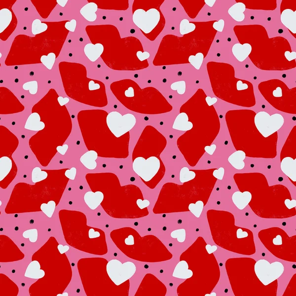 Seamless pattern with kisses and hearts. Creative template with eyes and hearts for textiles, printing, clothing, packaging, decor and wallpaper. Retro style