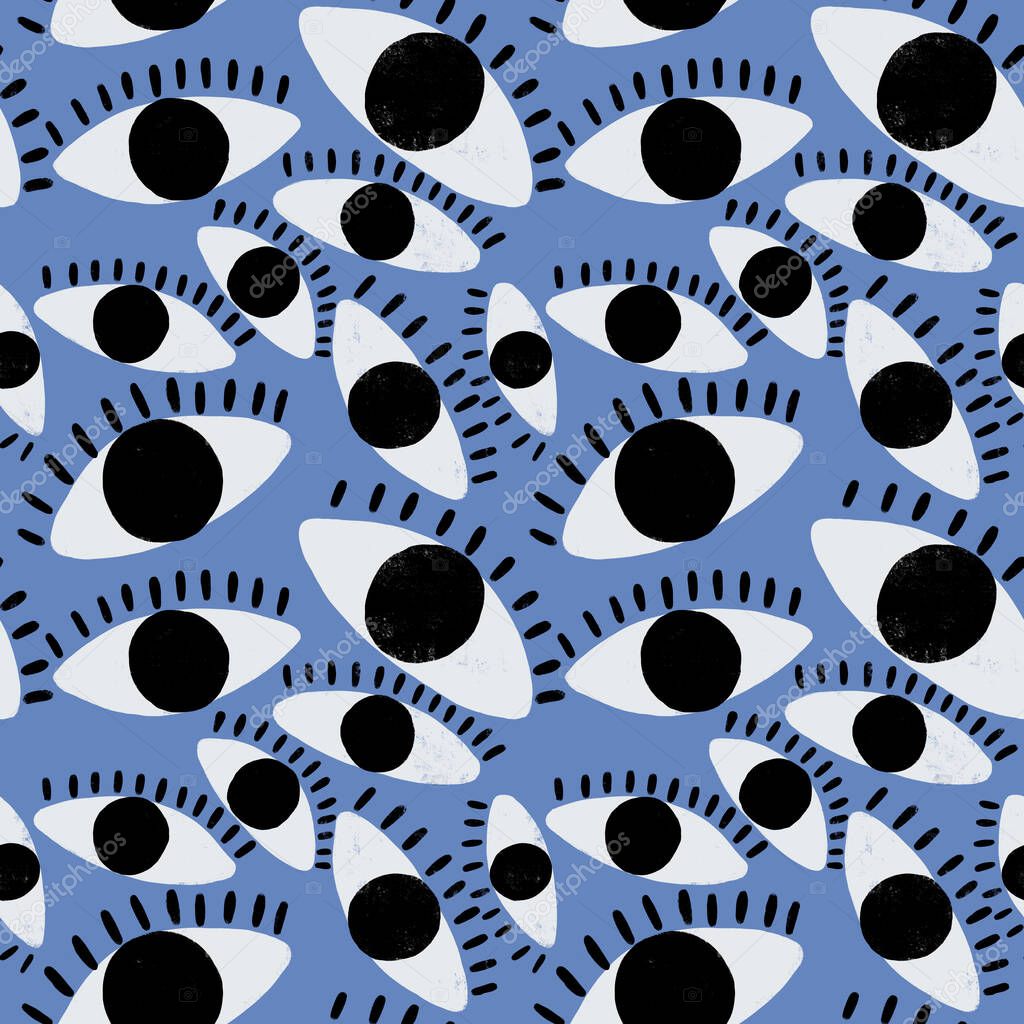 Hand drawn seamless pattern with eyes. Funny retro eyes seamless pattern. Fashion template with eyes for textiles, printing, clothing, packaging, decor and wallpaper. 