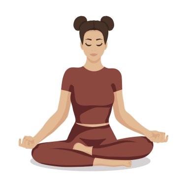 Yoga Lotus pozu veren kız. Yoga çalışıyorum. Vektör çizimi. Genç ve mutlu kadın meditasyon yapıyor..