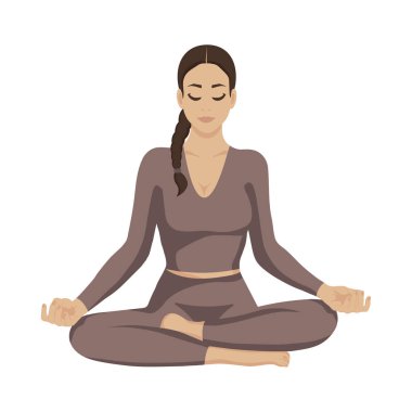  Kadın yogası. Lotuslu kız meditasyon yapıyor. Vektör illüstrasyonu.