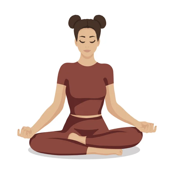 Girl Yoga Lotus Pose Practicing Yoga Vector Illustration Young Happy — Stock Vector