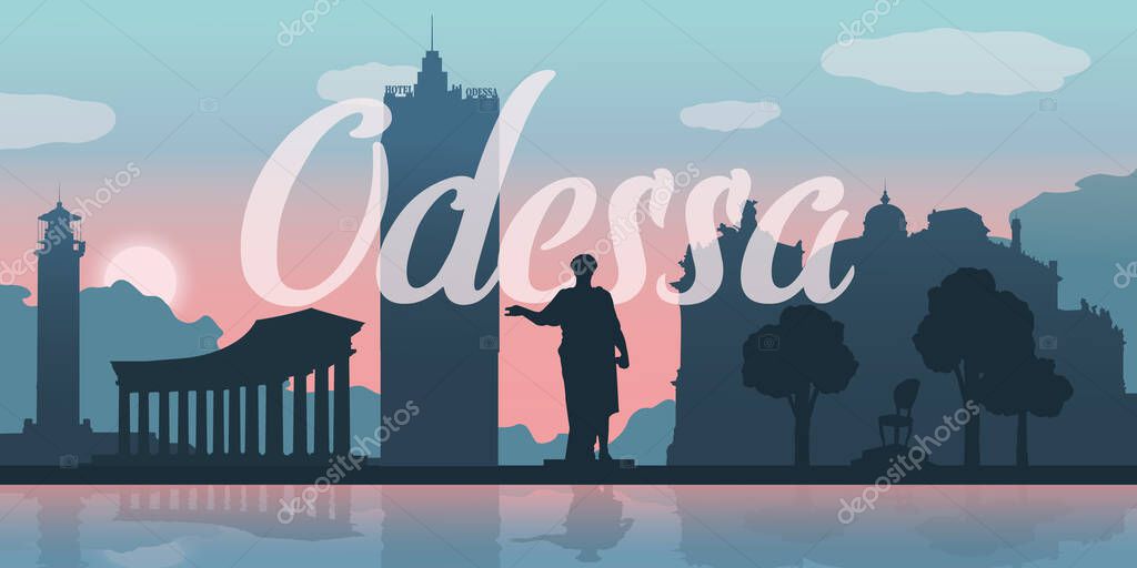 Odessa architecture silhouettes, skyline sunset