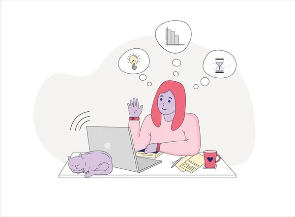 Online learning vector stock illustration. The girl chooses the correct answer in test, smile. The concept of online learning at home, online test, distance learning. A brunette woman with dark skin.