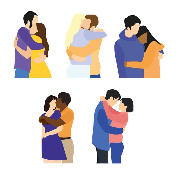 Hugging flat color vector faceless characters set. Happy relatives. Different cute couple isolated cartoon illustrations on white background