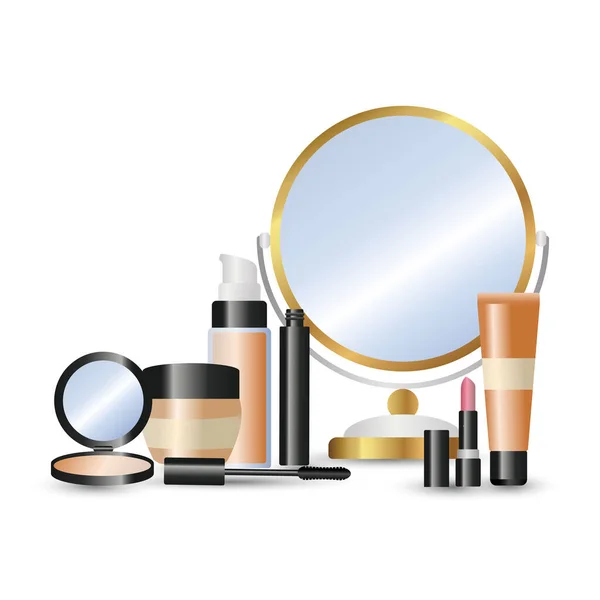 Vector mirror, toner, lipstick. mascara, cream, powder standing near