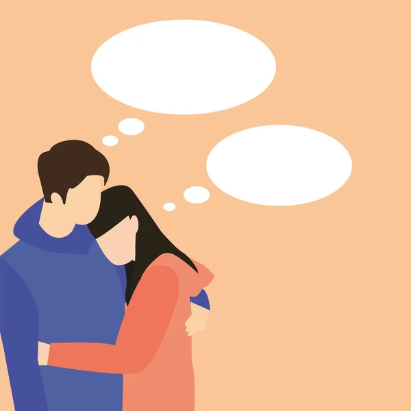 Faceless couple boy and girl in the corner hud and think about something in text bubbles