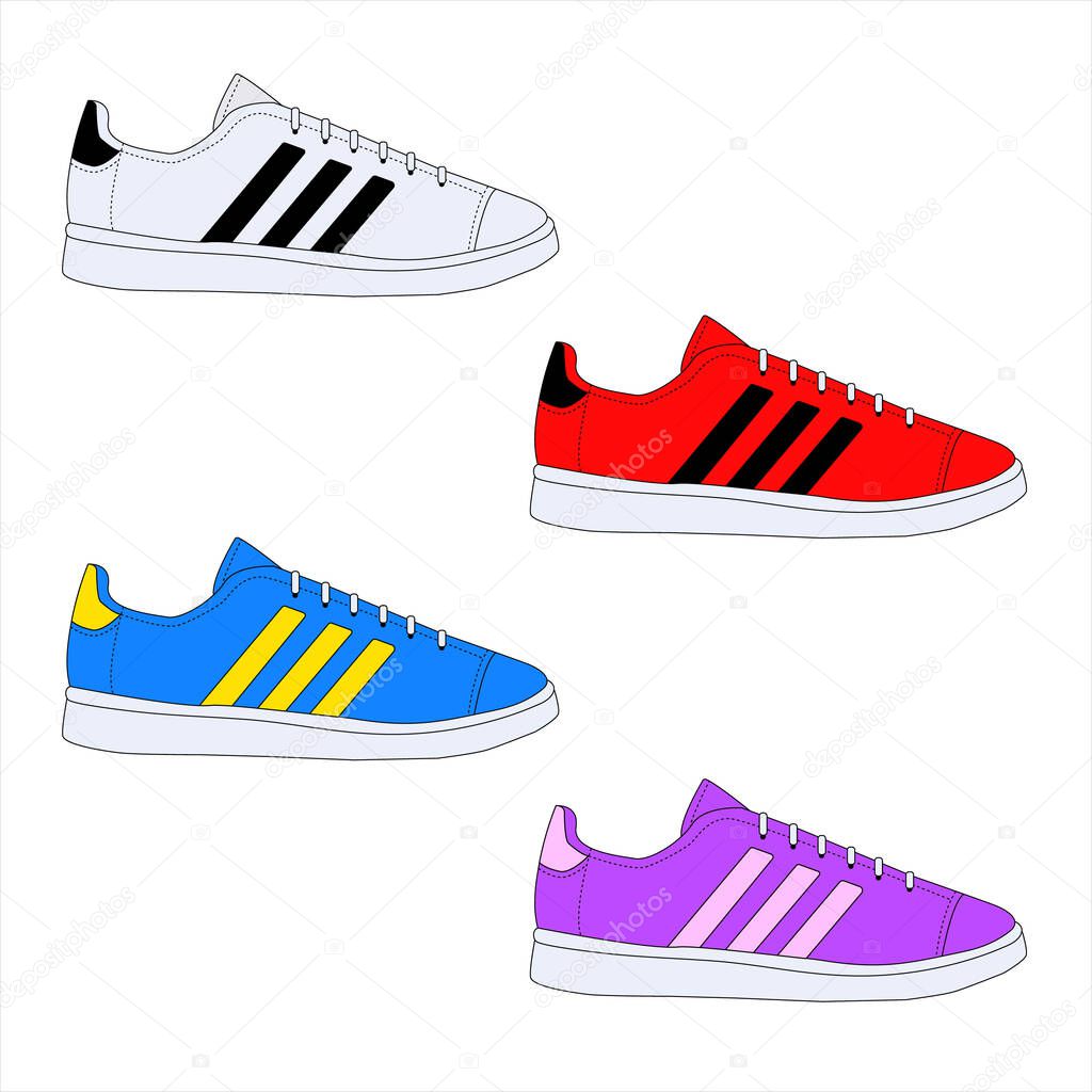 Set of shoes sneakers. sneakers in white, red, violet, blue depicted on a white background.