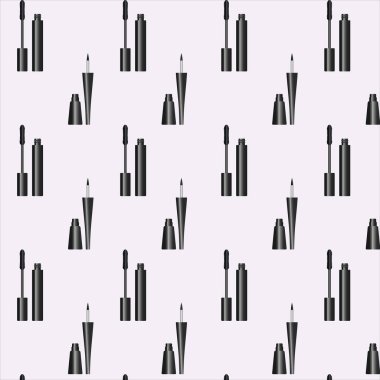 Vector fashion red seamless pattern. Hand drawn fashion illustration with cosmetics, mascara.