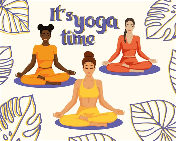 Three girls in lotus pose poster with tropical leaves in flat style, yoga time