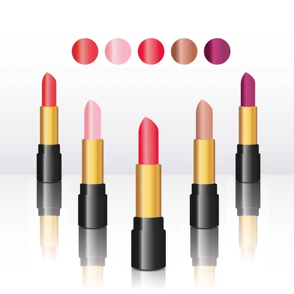 five lipsticks in red purple brown beige orange in a glossy black case on a white background