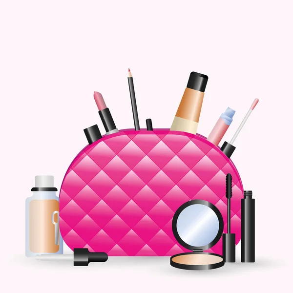 cosmetic bag and make up artist objects: mascara, lipstick, eyeliner, concealer, powder, lip gloss