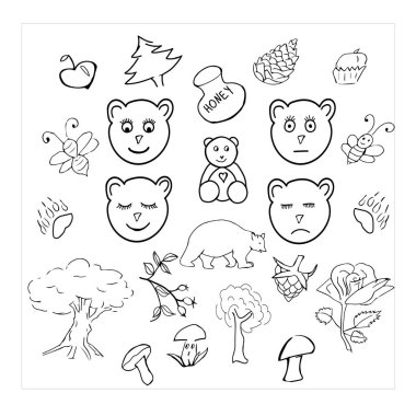 Bear set vector graphics doodle. Bear face with different emotions. Berries, mushrooms, a pot of honey, trees, flowers, a bee, bear paw prints.