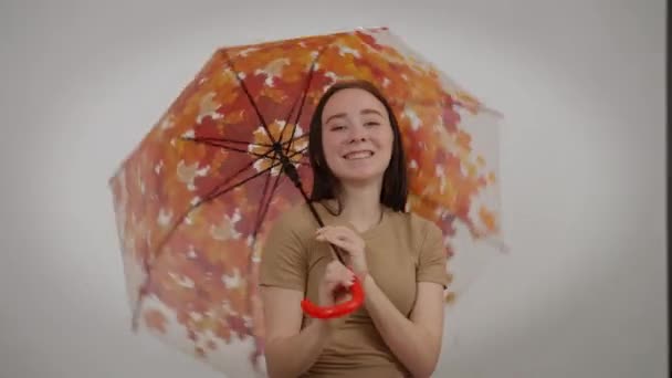 Fiatal, gyönyörű, romantikus nő, aki esernyőt fonva mosolyog a kamerába. Elülső nézet portré bájos karcsú kaukázusi Y-generációs hölgy pózol szürke háttér. Nőiesség és szépség fogalma. — Stock videók