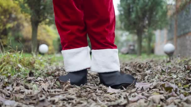 Close-up legs of unrecognizable Santa Clause standing outdoors on backyard. Man in red pants and black boots on green lawn with fallen leaves. Christmas and New Year. — Stock Video