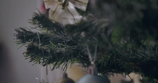 Close-up groene dennenboom tak met witte kunstsneeuw besproeien binnen. Nieuwjaar boom decoratie proces thuis in de woonkamer. Vakantieseizoen en kerstconcept. Cinema 4k ProRes Hoofdkwartier. — Stockvideo