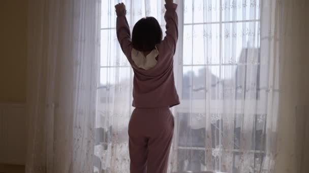 Arkadan Bakan Genç Bir Kadın Yatak Odasında Pencereden Dışarı Bakıyor — Stok video