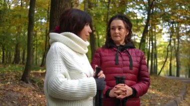 Düşünceli, olgun bir kadın, arkadaşıyla sonbahar parkında kayak direkleriyle konuşuyor. Kafkasyalı sporcu kadınların portresi. Dedikodularla konuşuyorlar. Eğitimde mola veriyorlar.