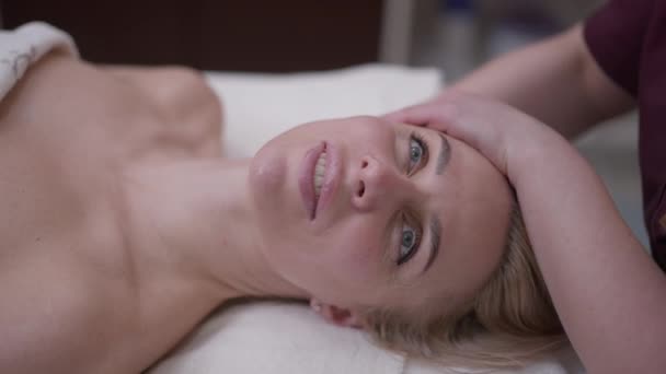 Beautiful Woman Looking Masseur Massaging Neck Slow Motion Beauty Spa — Stock Video