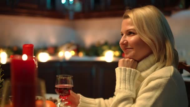 Side View Portrait Smiling Happy Woman Listening Toast Clinking Wine — Vídeos de Stock