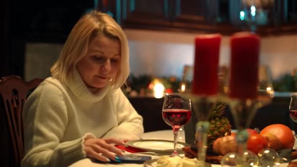 Sad Bored Woman Sitting Romantic Dinner Table Checking Phone Drinking — Stok video