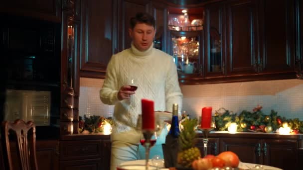 Portrait Confident Romantic Man Setting Table Romantic Dinner Kitchen Home — Vídeos de Stock