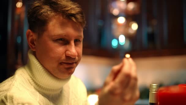 Close Anxious Man Admiring Engagement Ring Drinking Red Wine Waiting — Video