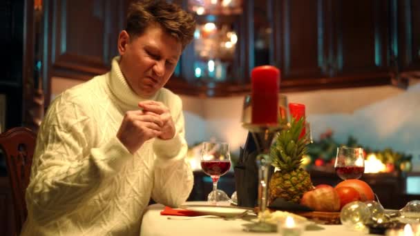 Angry Irritated Man Taking Wedding Ring Sighing Drinking Wine Indoors — Video